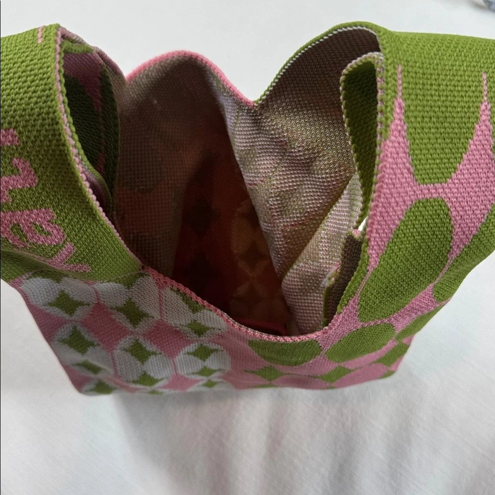 Kati‎ Pink Green Knit Geometric Pattern Mini Tote Bag Asymmetrical Handle